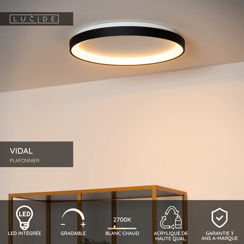 Lucide VIDAL - Plafonnier - Ø 48 cm - LED Dim. - 1x38W 2700K - Noir - USP